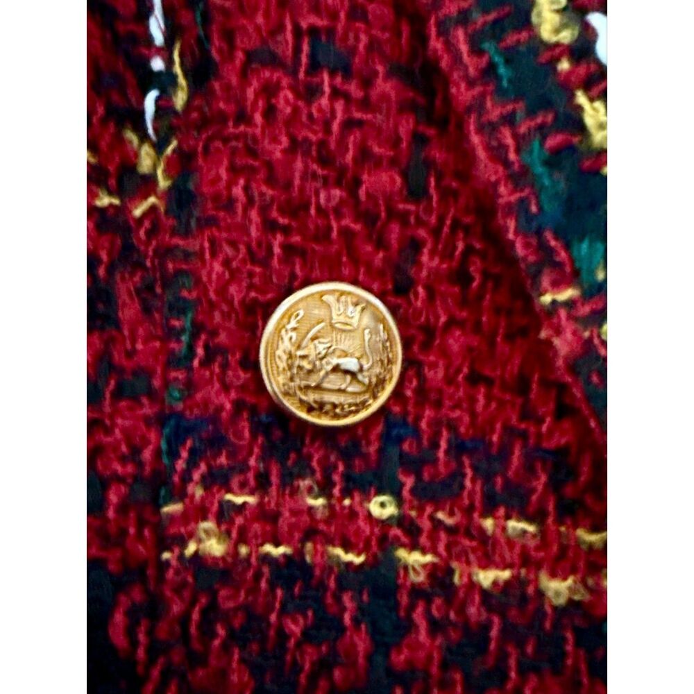 Red Tweed Style Open Front Jacket-Gold Button Detail Bouclé Knit Blazer |Medium - Picture 5 of 12